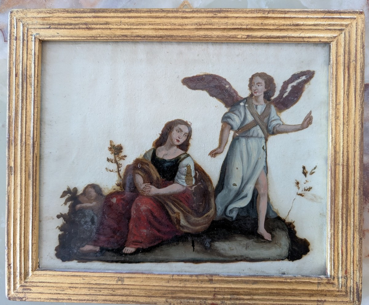 Dipinto olio su vetro raffigurante la Sacra Famiglia con angelo – fine XVIII secolo-photo-2