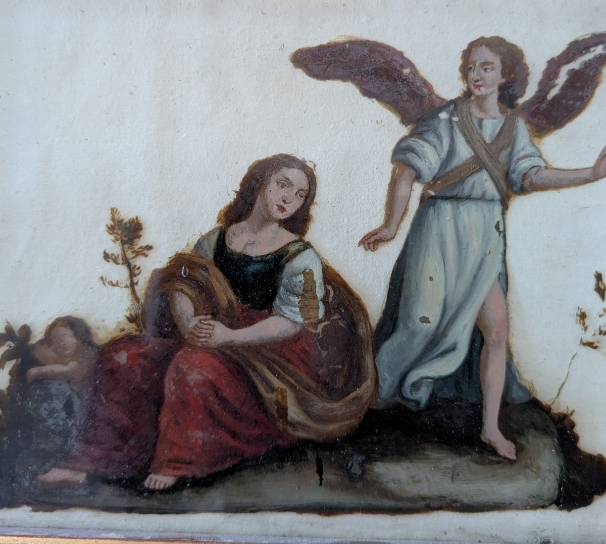 Dipinto olio su vetro raffigurante la Sacra Famiglia con angelo – fine XVIII secolo-photo-3