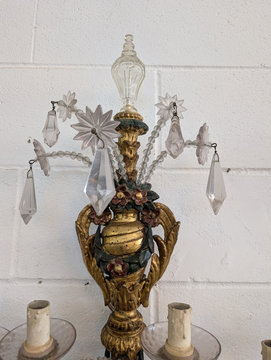 Coppia di applique genovesi in legno dorato e laccato, cristalli, fine XIX secolo-photo-1