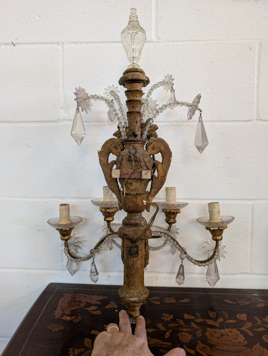 Coppia di applique genovesi in legno dorato e laccato, cristalli, fine XIX secolo-photo-5