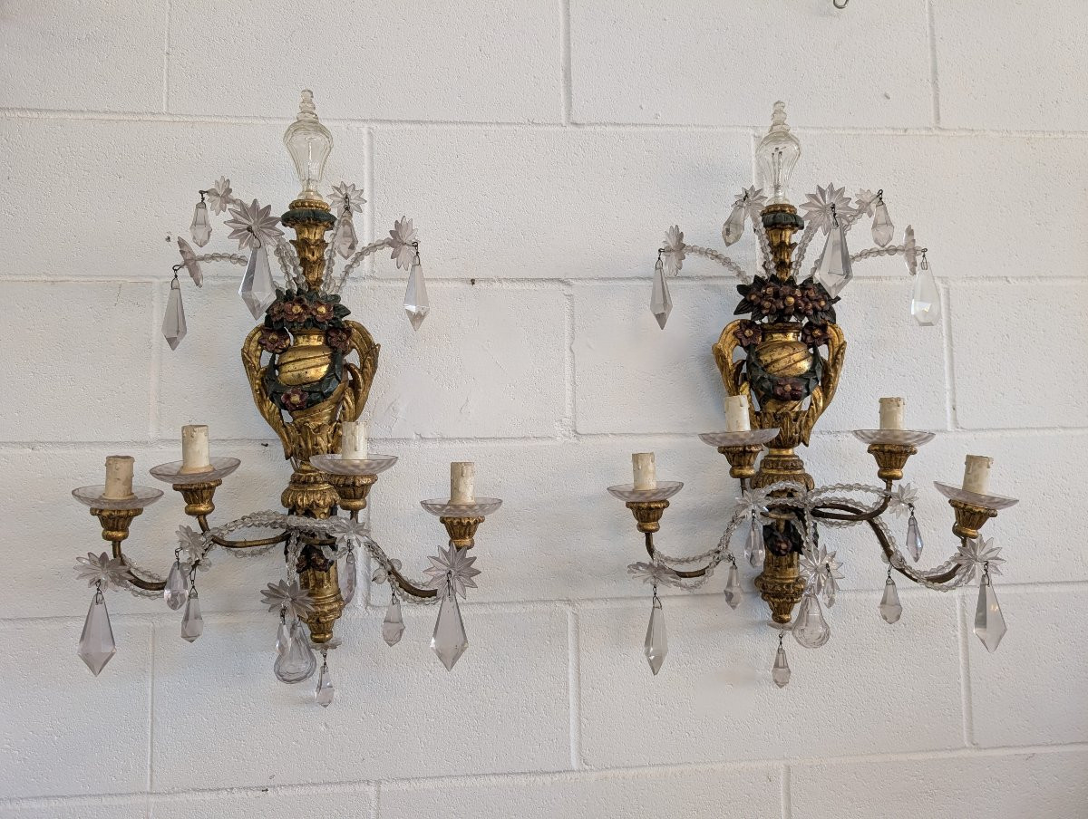 Coppia di applique genovesi in legno dorato e laccato, cristalli, fine XIX secolo-photo-8