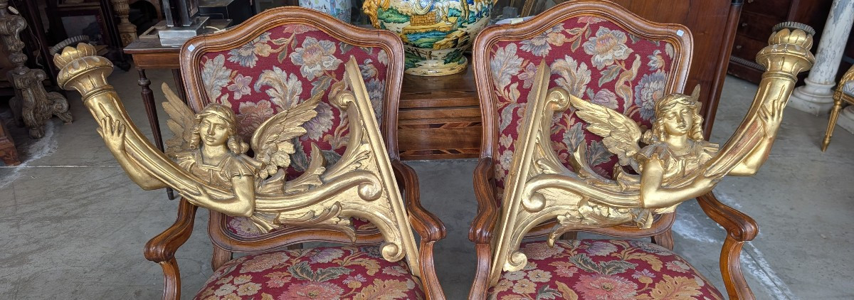 Coppia angeli portacero da muro legno dorato XIX secolo-photo-1