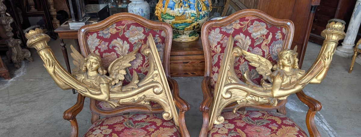 Coppia angeli portacero da muro legno dorato XIX secolo