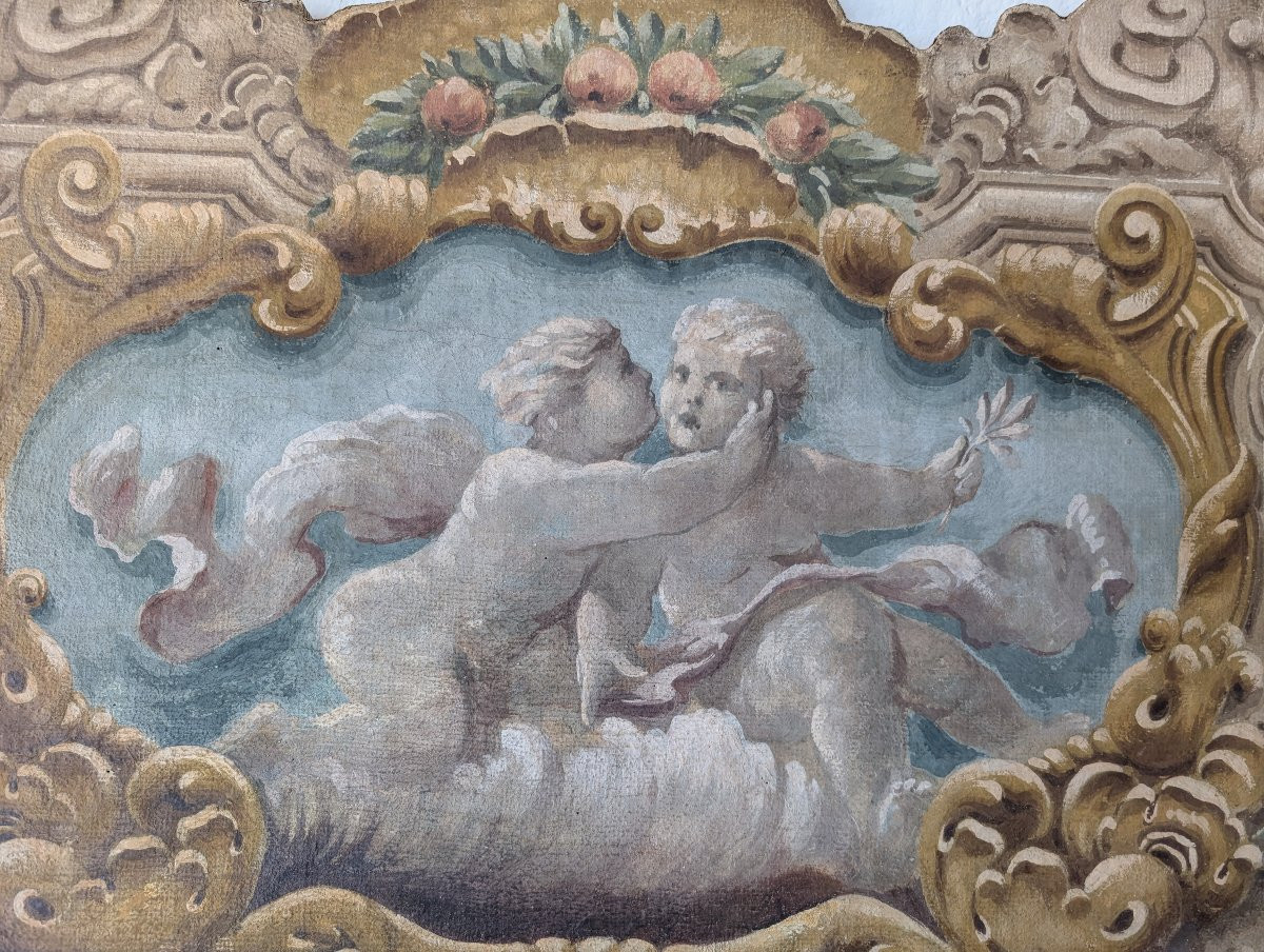 Pannello dipinto con putti entro cornice dipinta stile barocco XX secolo cm 125 x 73-photo-2