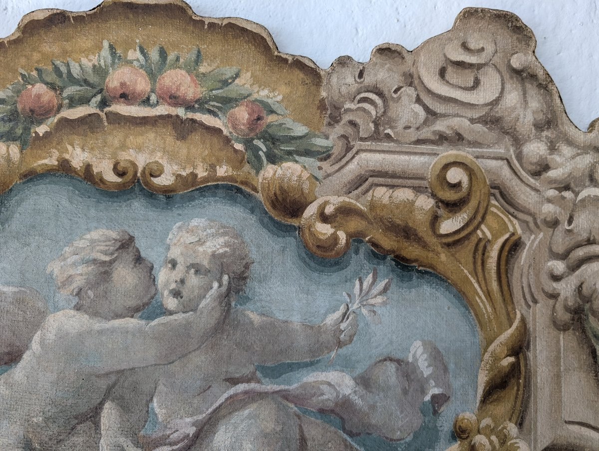 Pannello dipinto con putti entro cornice dipinta stile barocco XX secolo cm 125 x 73-photo-3