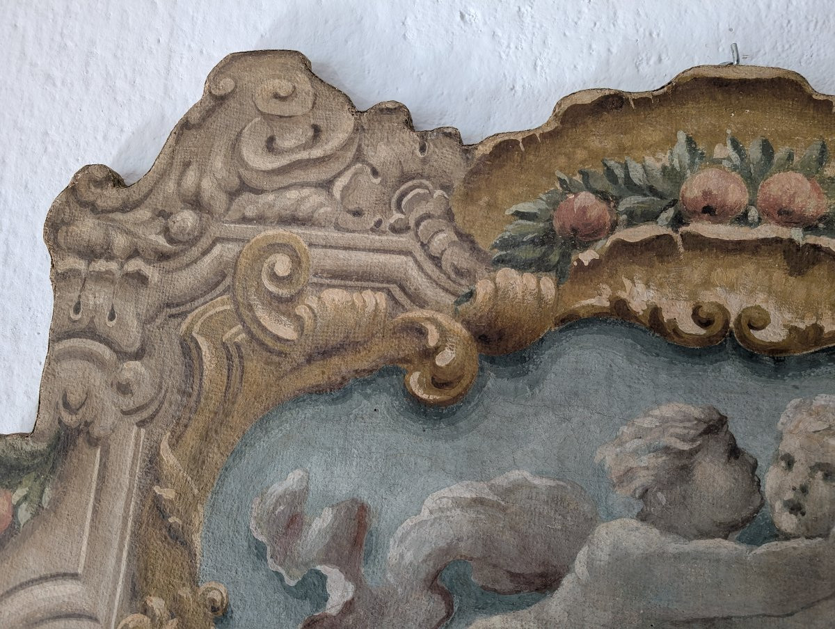 Pannello dipinto con putti entro cornice dipinta stile barocco XX secolo cm 125 x 73-photo-4