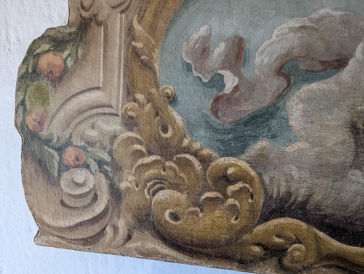 Pannello dipinto con putti entro cornice dipinta stile barocco XX secolo cm 125 x 73-photo-1