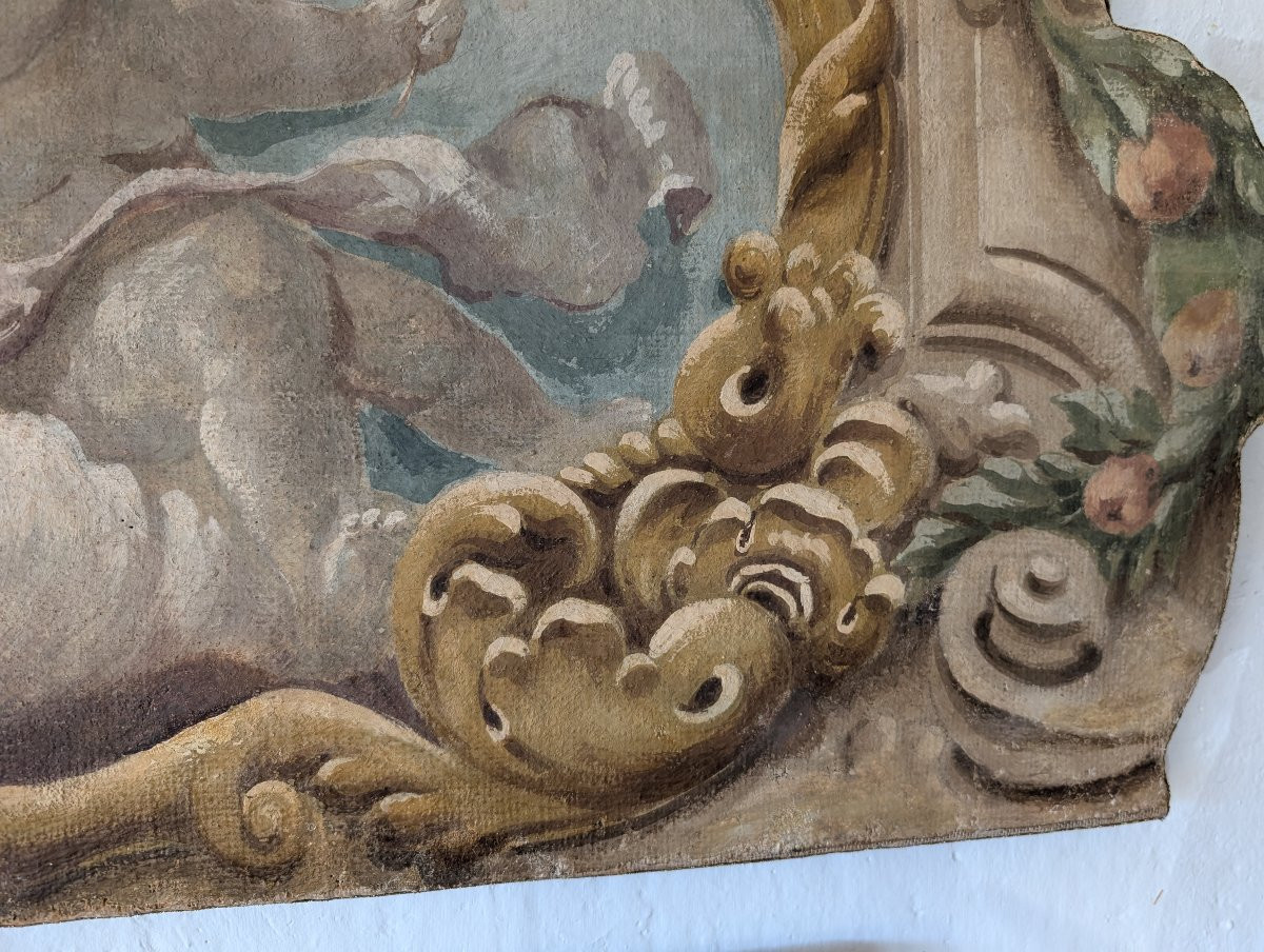 Pannello dipinto con putti entro cornice dipinta stile barocco XX secolo cm 125 x 73-photo-3