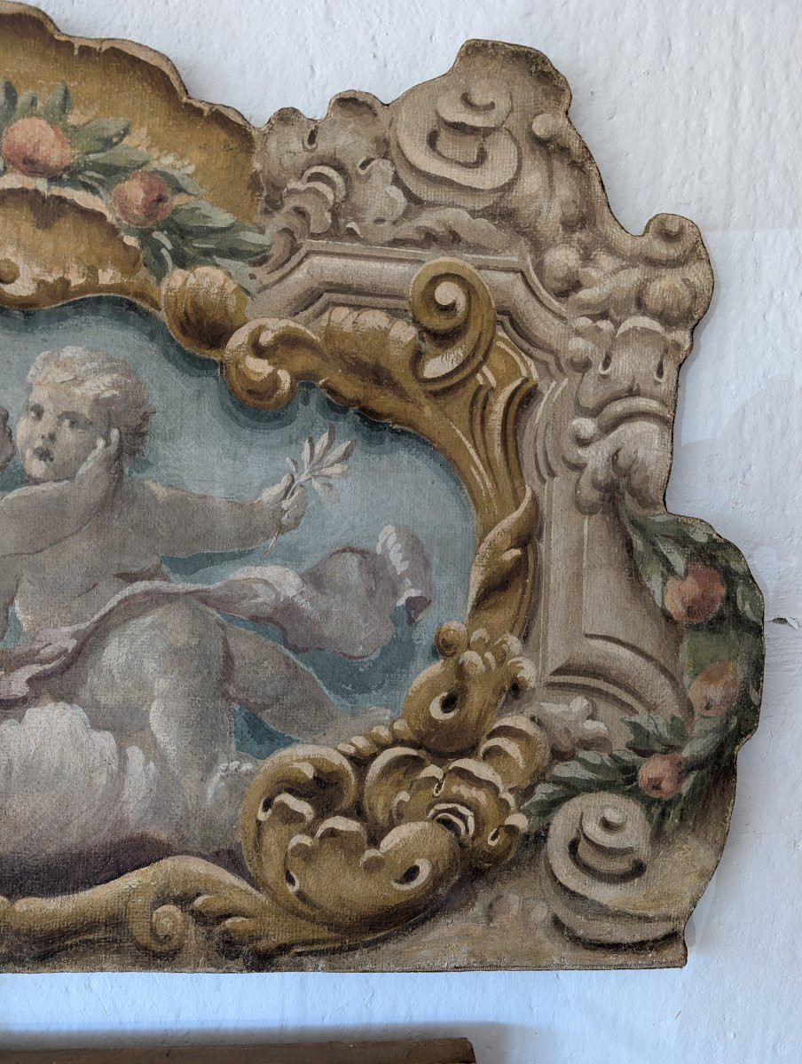 Pannello dipinto con putti entro cornice dipinta stile barocco XX secolo cm 125 x 73-photo-4