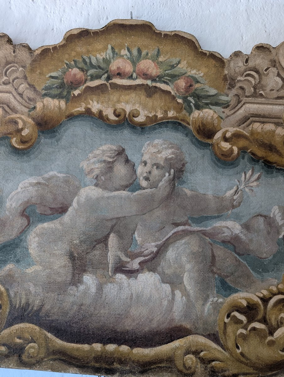Pannello dipinto con putti entro cornice dipinta stile barocco XX secolo cm 125 x 73-photo-5