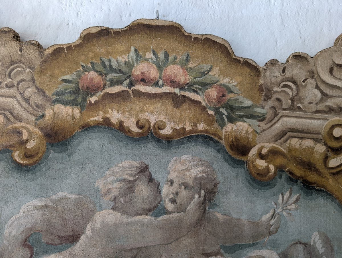Pannello dipinto con putti entro cornice dipinta stile barocco XX secolo cm 125 x 73-photo-6