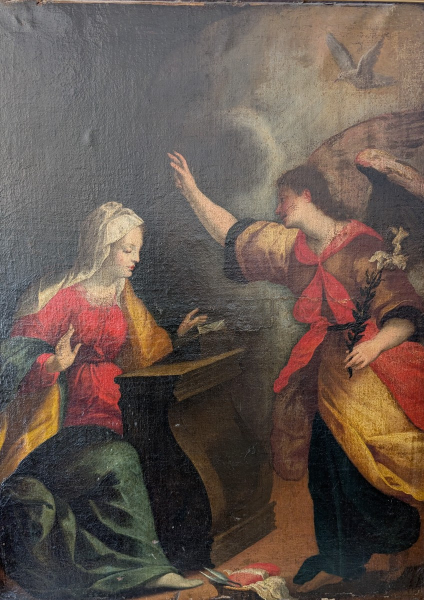 Annunciazione, dipinto olio su tela, fine XVII secolo, cm 78x100