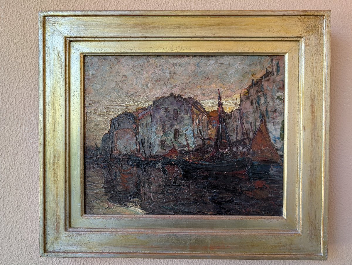 Louis Bonamici, port animé, huile sur panneau, 42 x 33 cm-photo-3