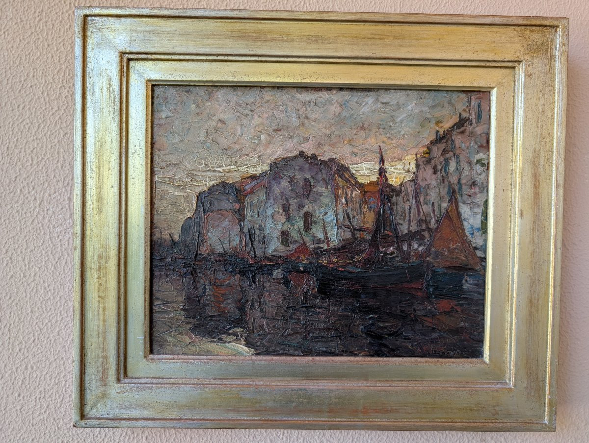 Louis Bonamici, port animé, huile sur panneau, 42 x 33 cm-photo-1