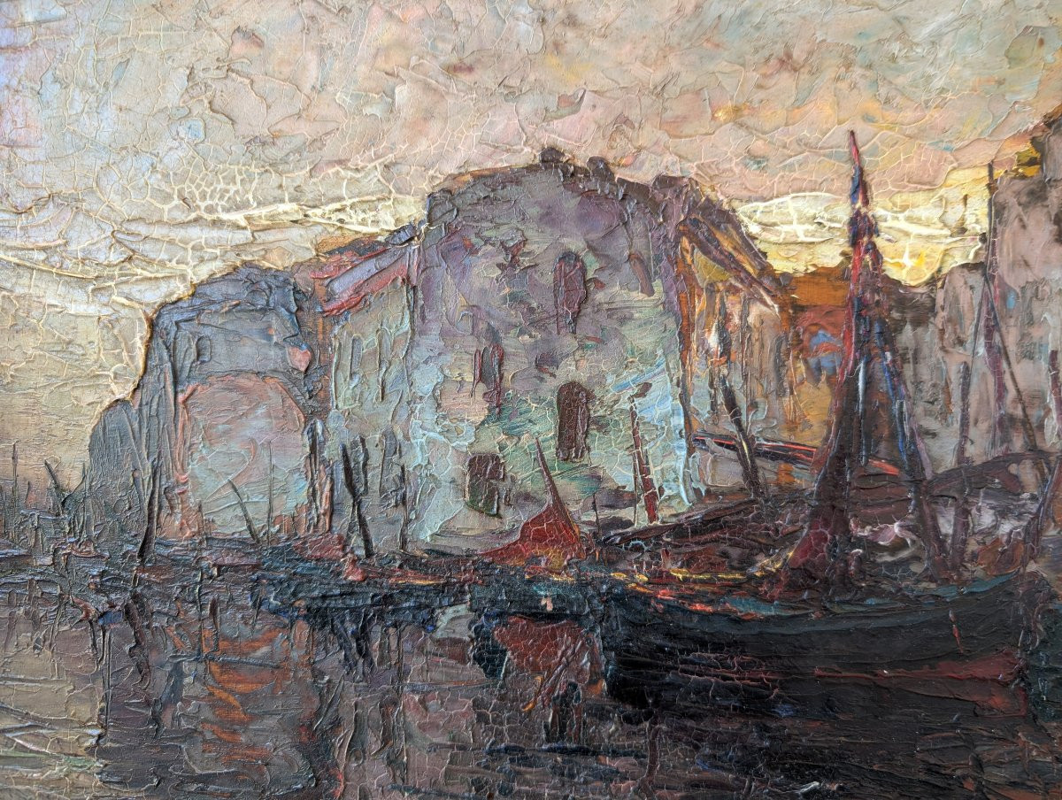Louis Bonamici, port animé, huile sur panneau, 42 x 33 cm-photo-2