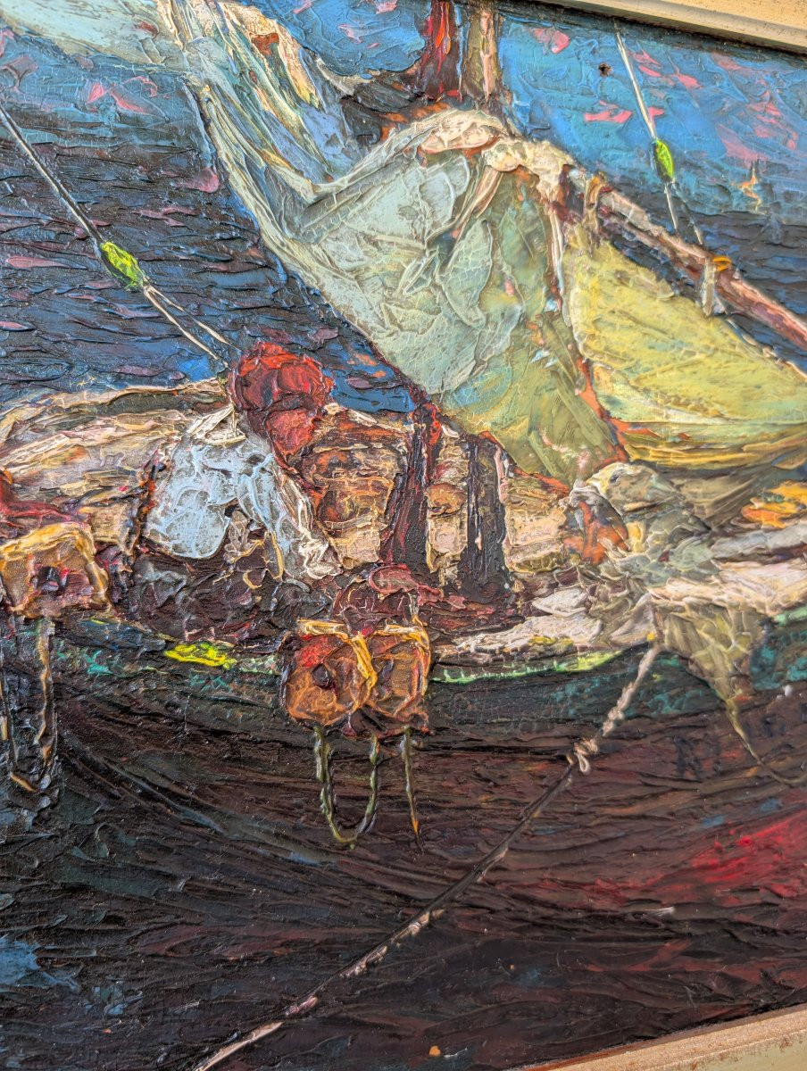 Louis Bonamici, barca da pesca, olio su tavola, XX secolo-photo-2