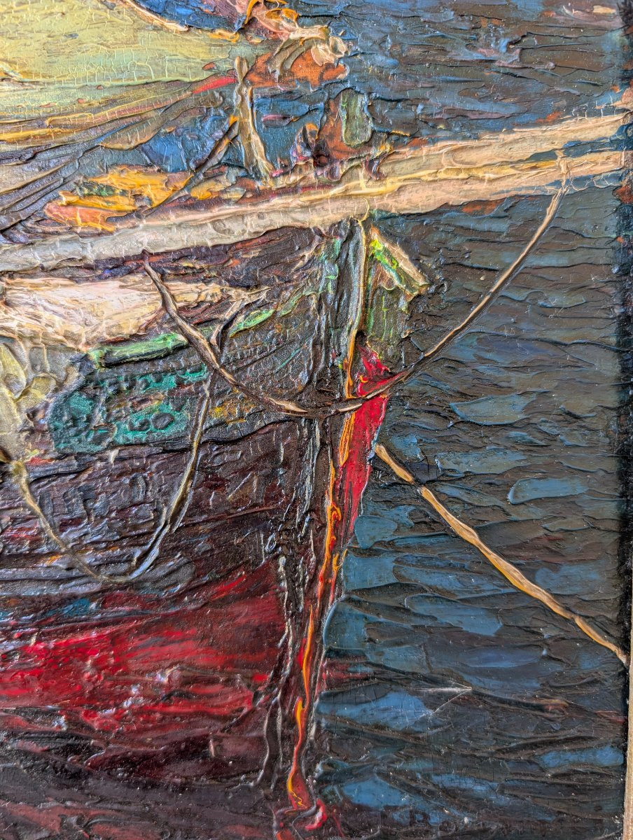Louis Bonamici, barca da pesca, olio su tavola, XX secolo-photo-3
