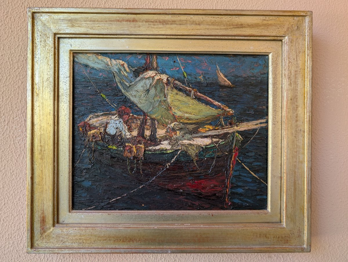 Louis Bonamici, barca da pesca, olio su tavola, XX secolo-photo-2