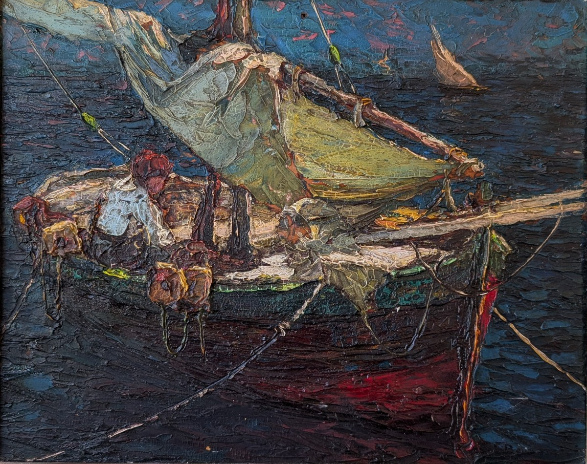 Louis Bonamici, barca da pesca, olio su tavola, XX secolo