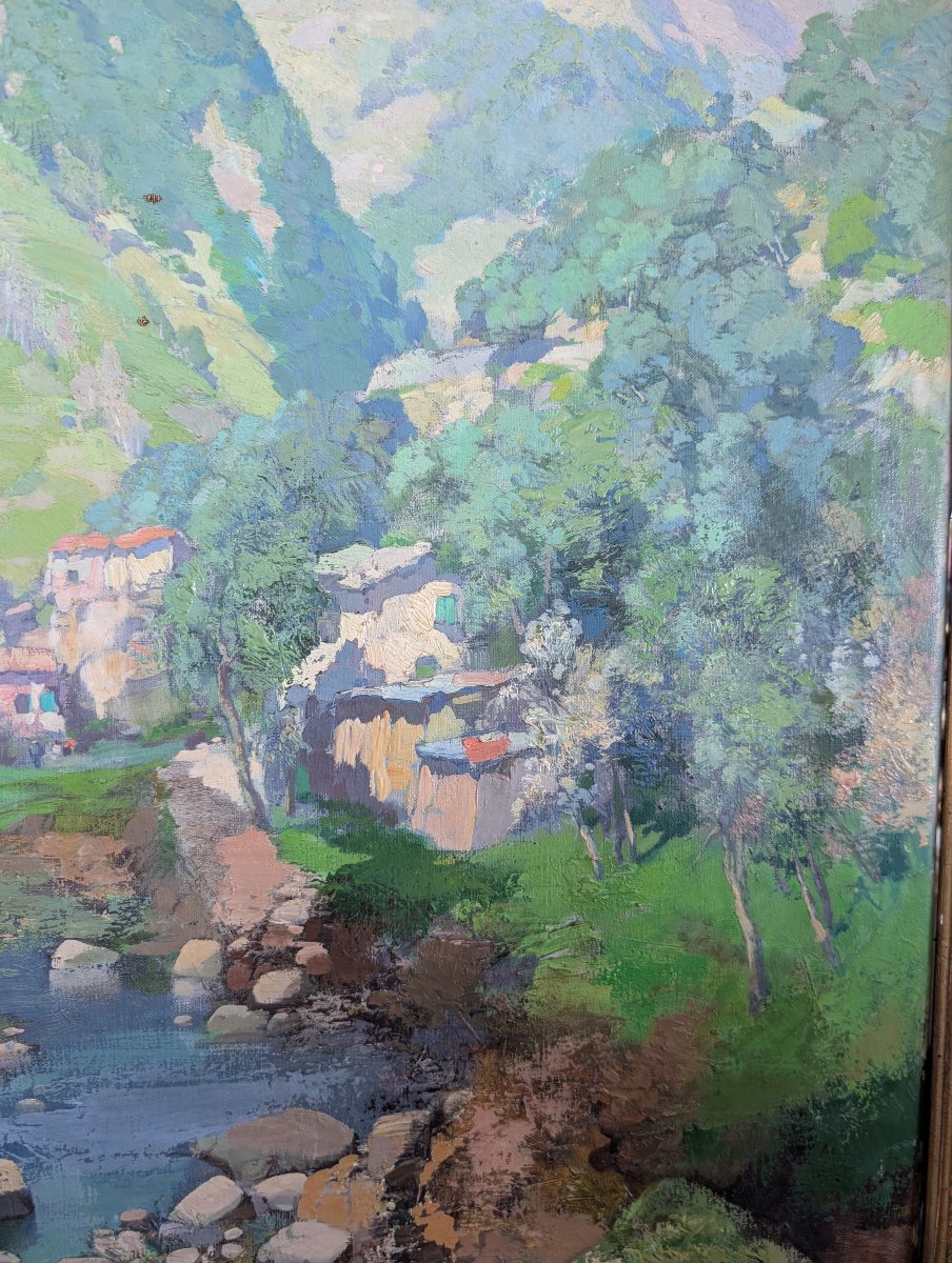 Giuseppe Pesa – Grande Paesaggio Montano con Torrente, Olio su Tela, XX Secolo-photo-3