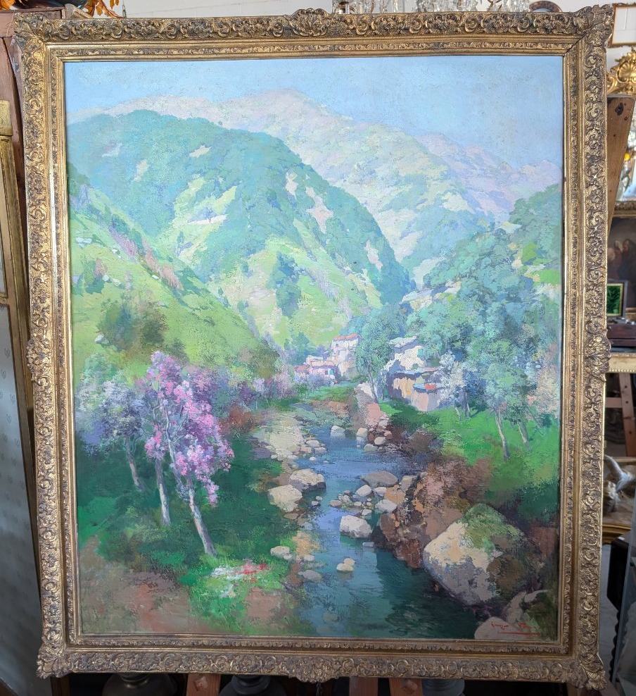 Giuseppe Pesa – Grande Paesaggio Montano con Torrente, Olio su Tela, XX Secolo-photo-4