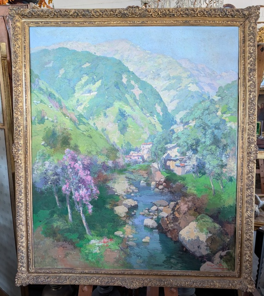 Giuseppe Pesa – Grande Paesaggio Montano con Torrente, Olio su Tela, XX Secolo