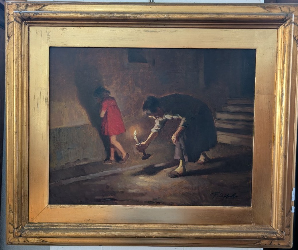 Cafiero Filippelli – Interno Notturno con Figure, Olio su Tavoletta, Anni ’30-photo-2