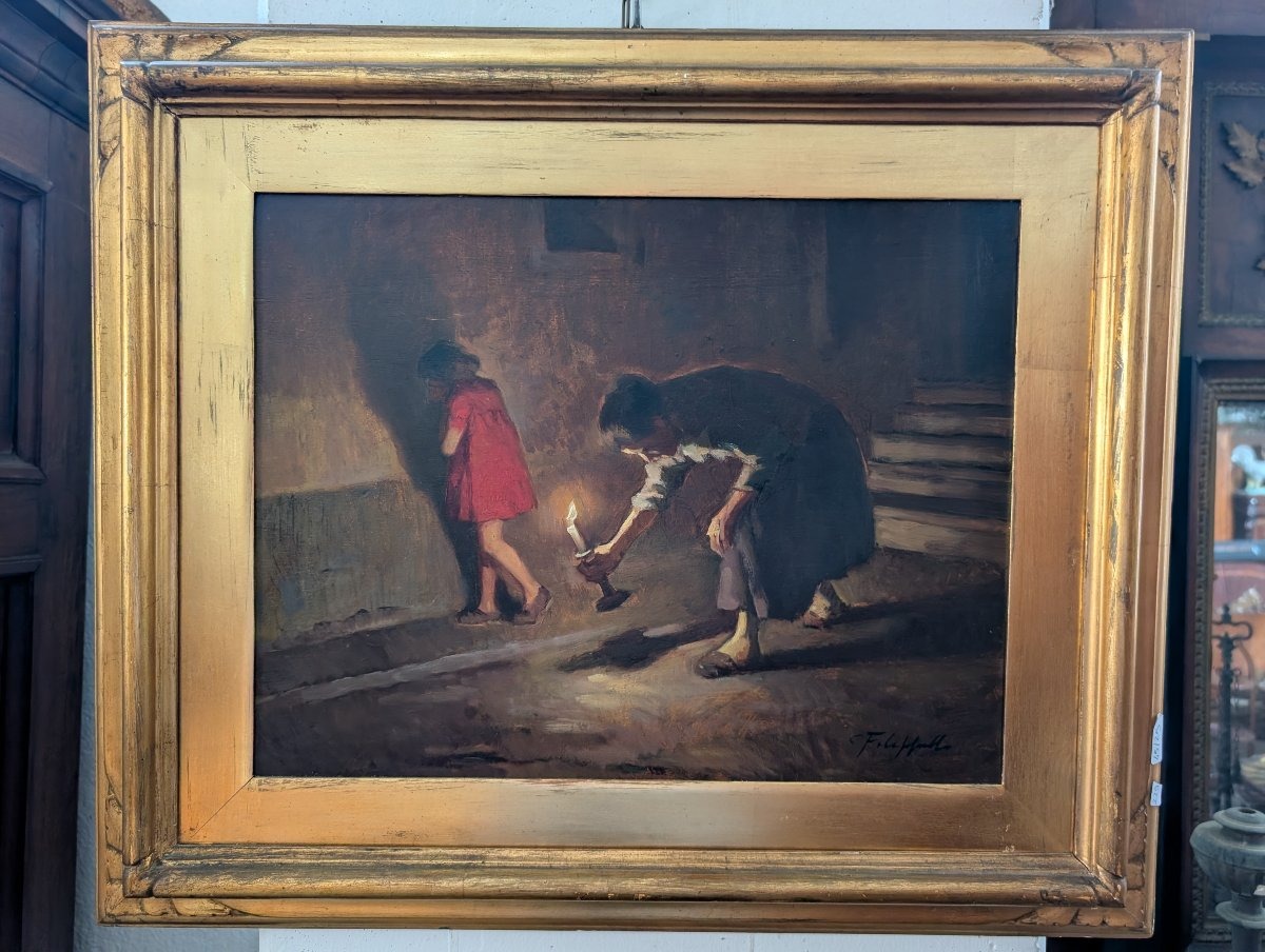 Cafiero Filippelli – Interno Notturno con Figure, Olio su Tavoletta, Anni ’30-photo-3