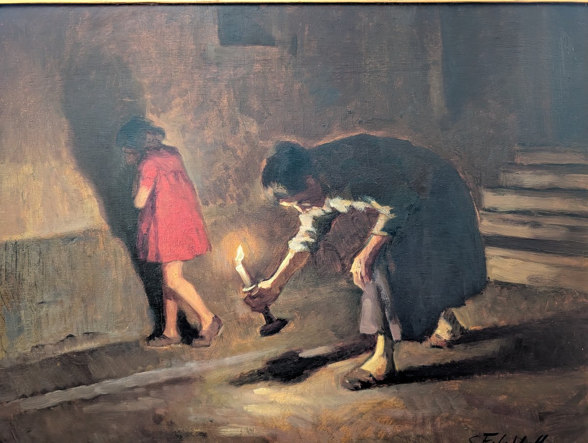 Cafiero Filippelli – Interno Notturno con Figure, Olio su Tavoletta, Anni ’30