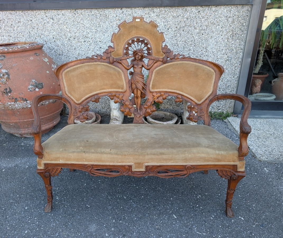 Salottino Liberty In Noce Intagliato Con Figure Femminili, Fine Ottocento-photo-2
