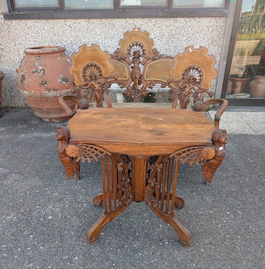 Salottino Liberty In Noce Intagliato Con Figure Femminili, Fine Ottocento-photo-4
