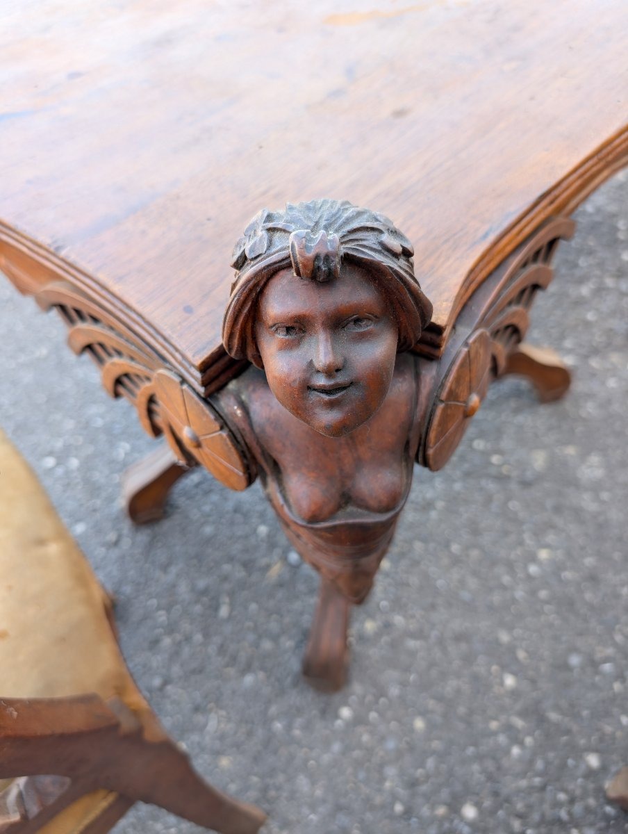 Salottino Liberty In Noce Intagliato Con Figure Femminili, Fine Ottocento-photo-2