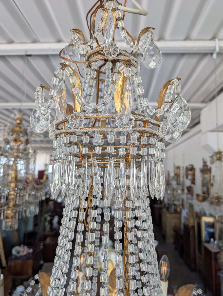 Grande Lampadario Impero a Mongolfiera Otto Luci in Cristallo – Prima Metà del Novecento-photo-3
