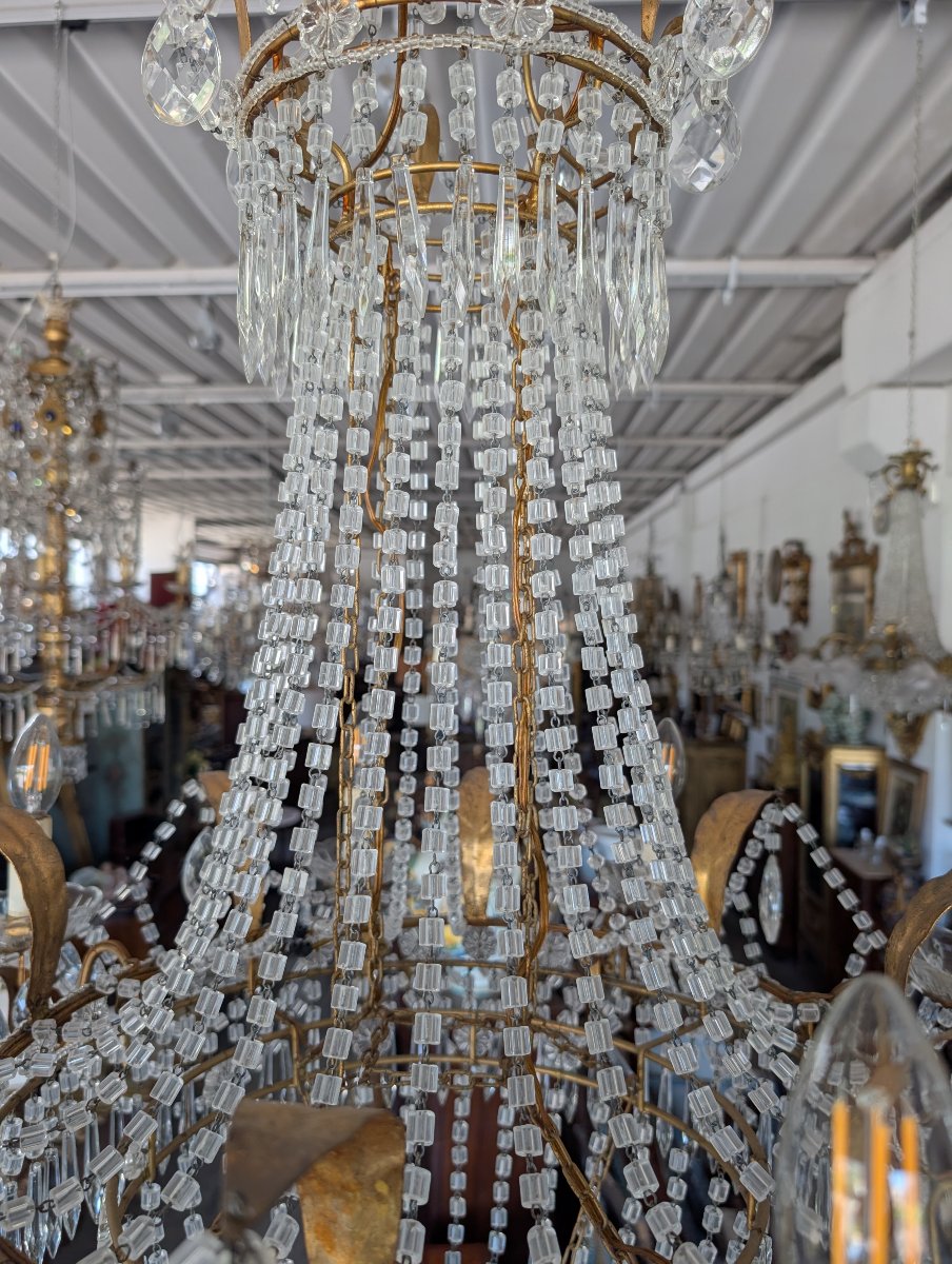 Grande Lampadario Impero a Mongolfiera Otto Luci in Cristallo – Prima Metà del Novecento-photo-2