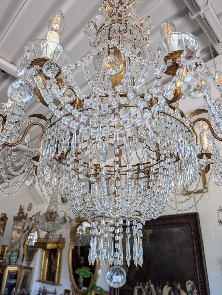 Grande Lampadario Impero a Mongolfiera Otto Luci in Cristallo – Prima Metà del Novecento-photo-3