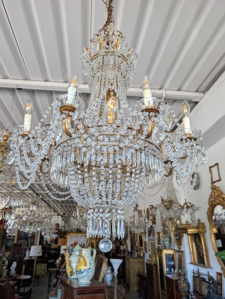 Grande Lampadario Impero a Mongolfiera Otto Luci in Cristallo – Prima Metà del Novecento-photo-4