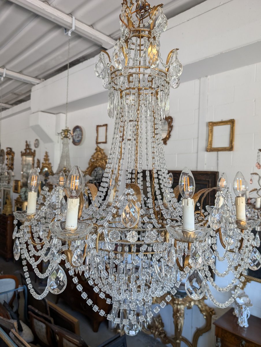 Grande Lampadario Impero a Mongolfiera Otto Luci in Cristallo – Prima Metà del Novecento-photo-5