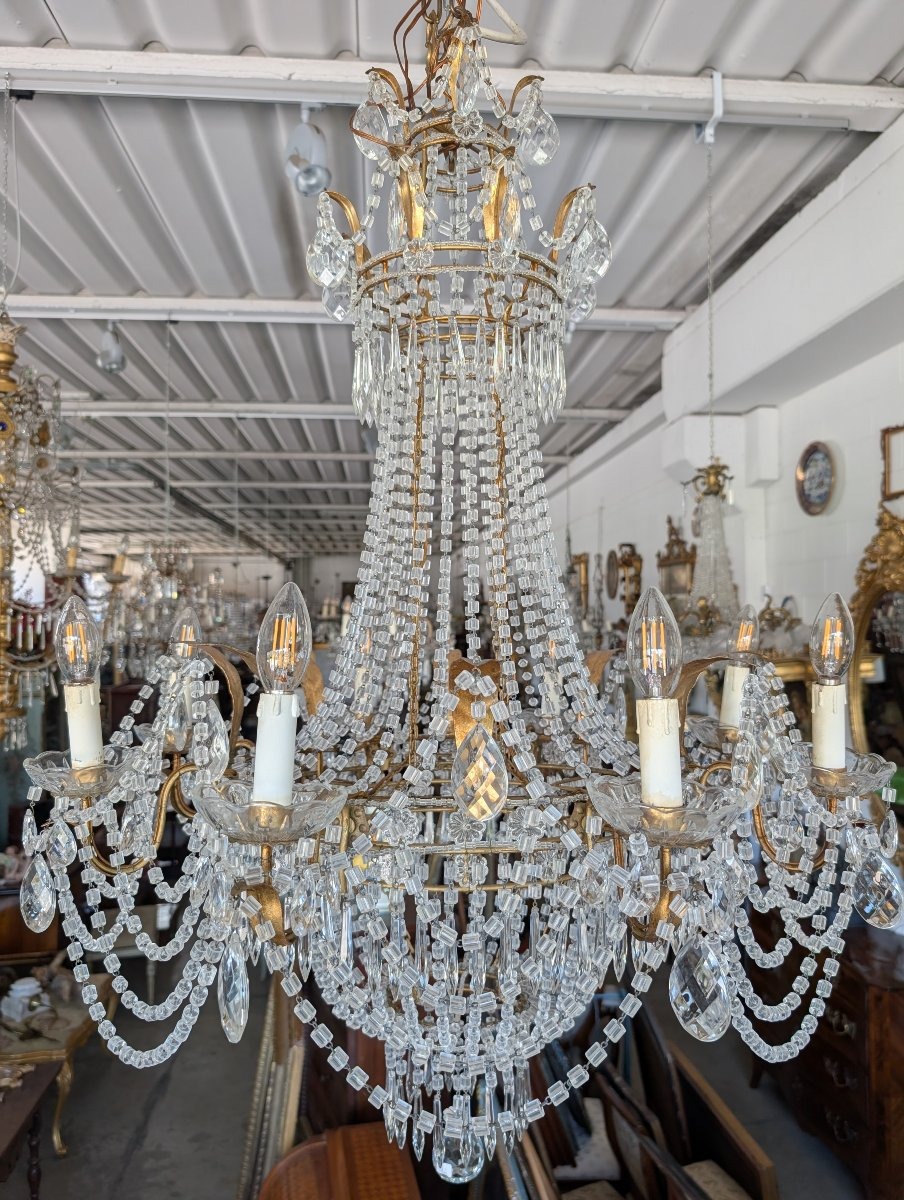 Grande Lampadario Impero a Mongolfiera Otto Luci in Cristallo – Prima Metà del Novecento-photo-6
