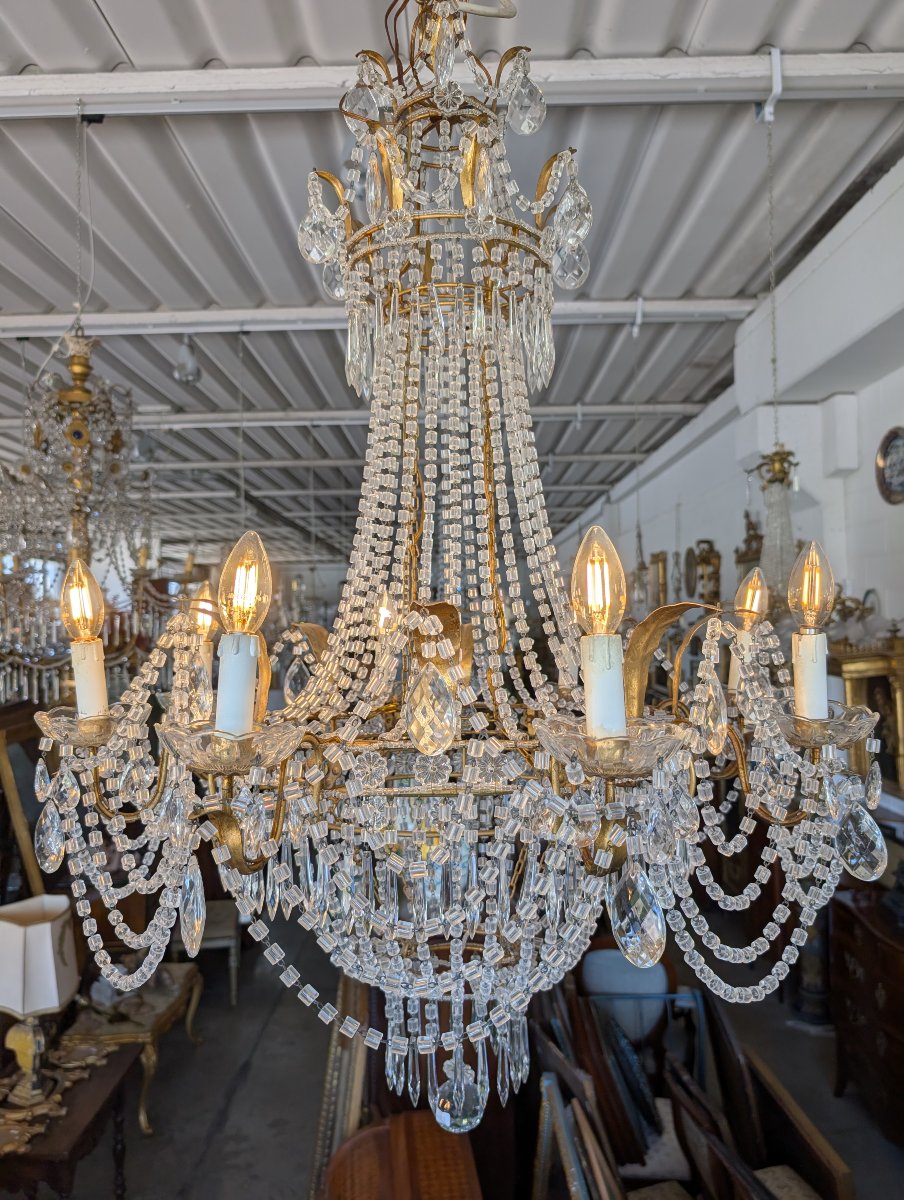 Grande Lampadario Impero a Mongolfiera Otto Luci in Cristallo – Prima Metà del Novecento-photo-7