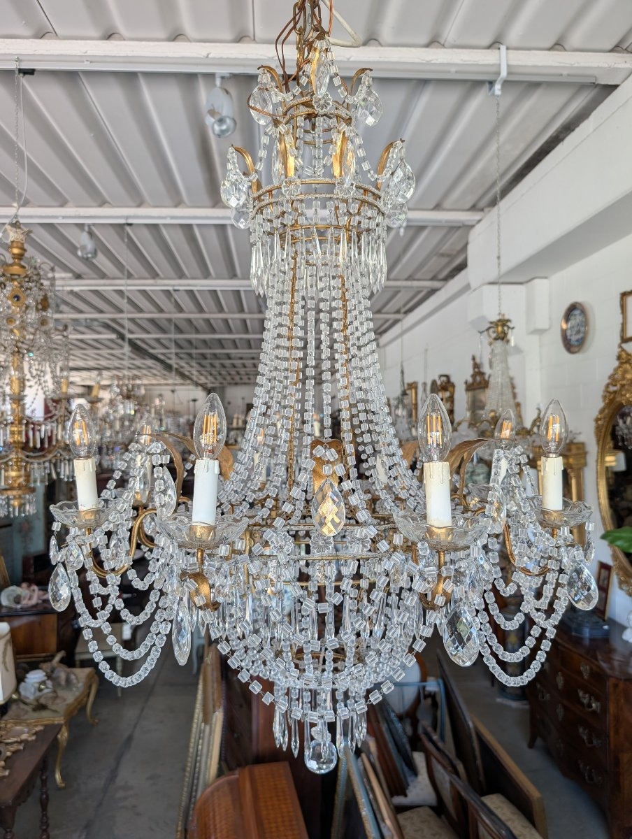 Grande Lampadario Impero a Mongolfiera Otto Luci in Cristallo – Prima Metà del Novecento