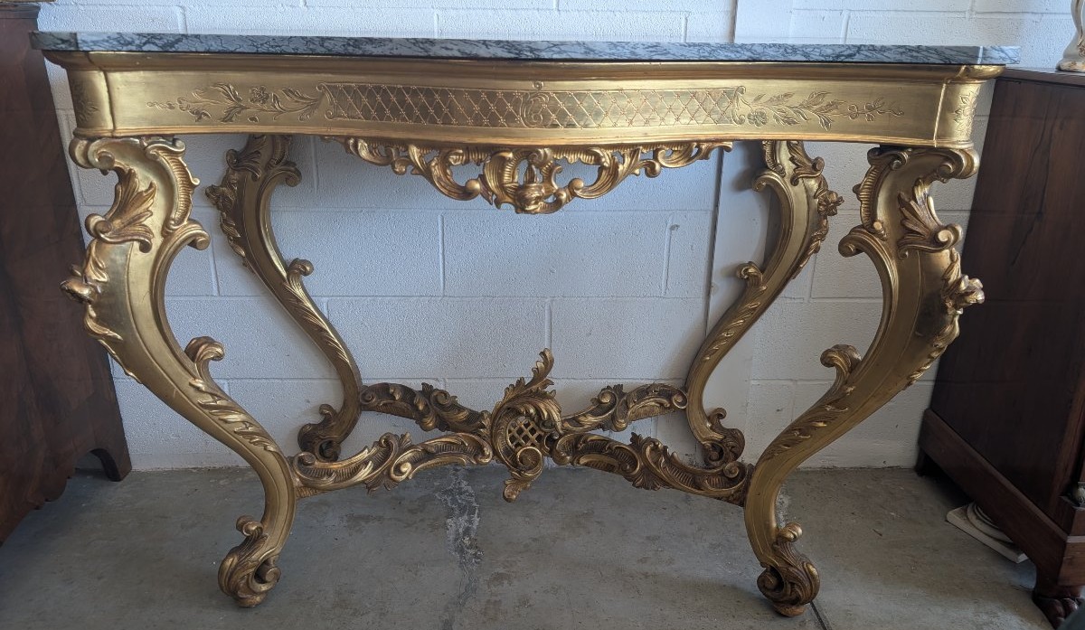 Grande Consolle Rococò Dorata Con Piano In Marmo, Fine XIX - Inizio XX Secolo