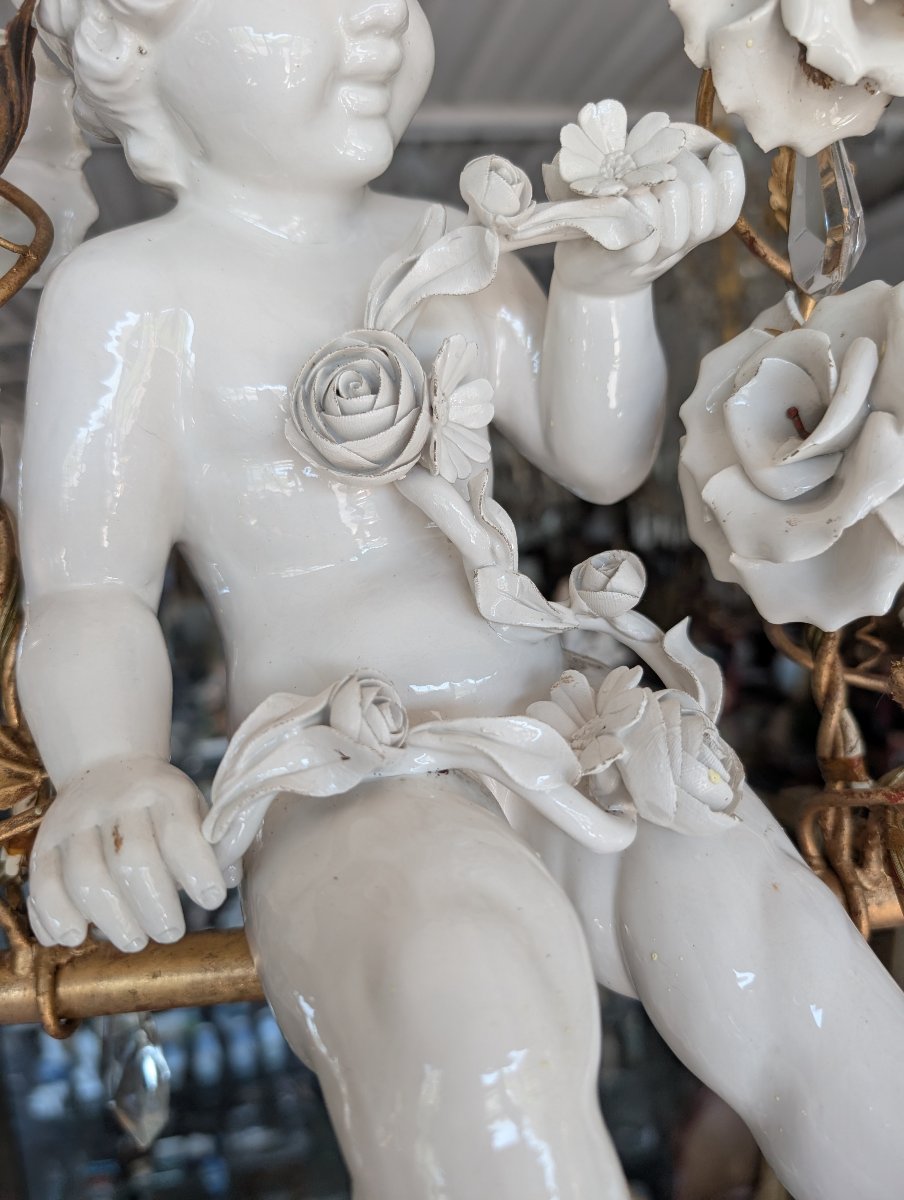 Lampadario a 6 Luci con Putto in Porcellana, Cristalli e Rose – Anni ’50-photo-3