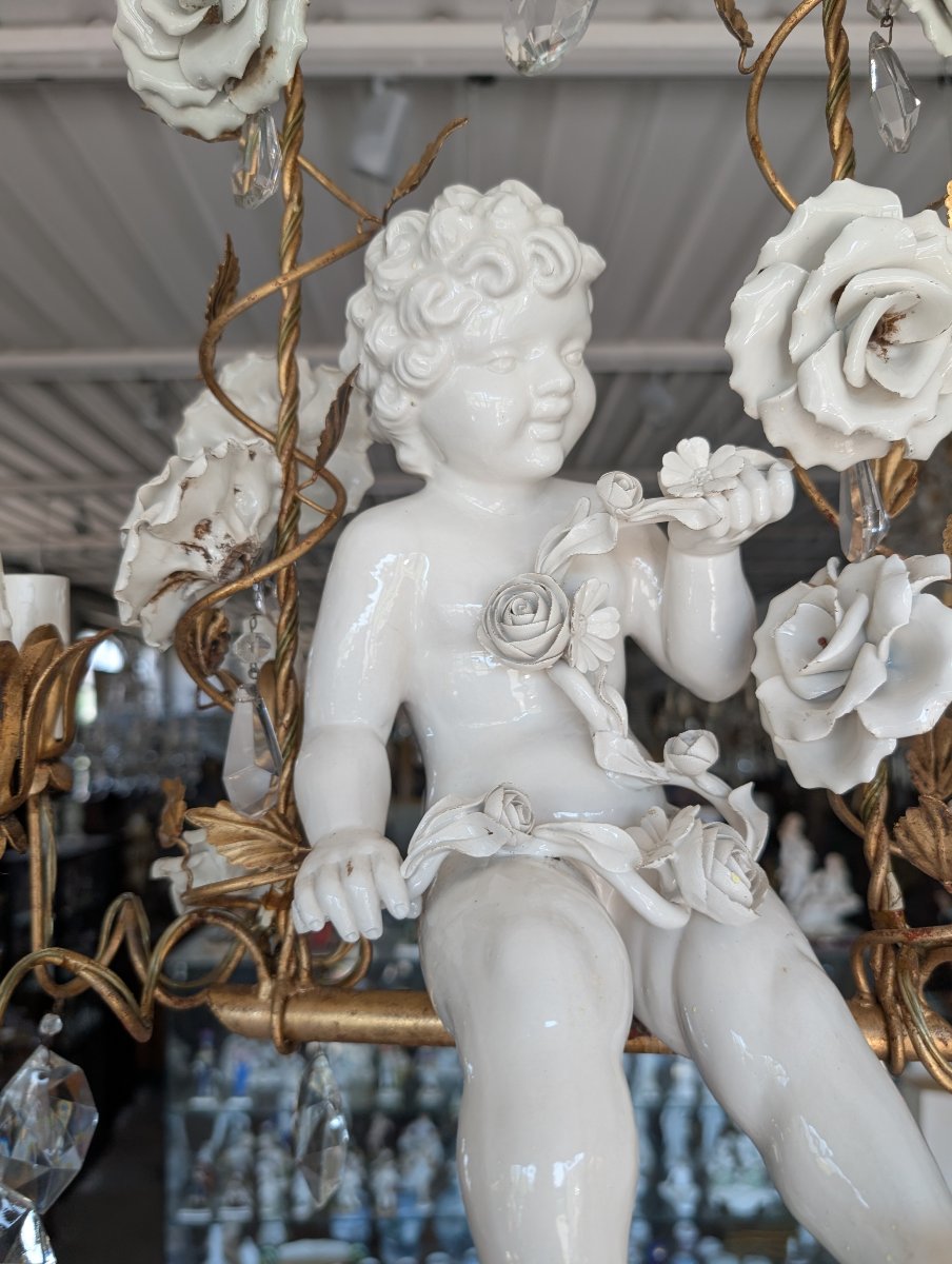 Lampadario a 6 Luci con Putto in Porcellana, Cristalli e Rose – Anni ’50-photo-4