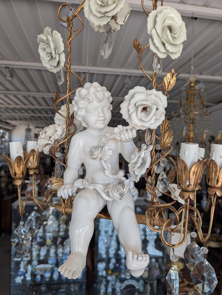 Lampadario a 6 Luci con Putto in Porcellana, Cristalli e Rose – Anni ’50-photo-7