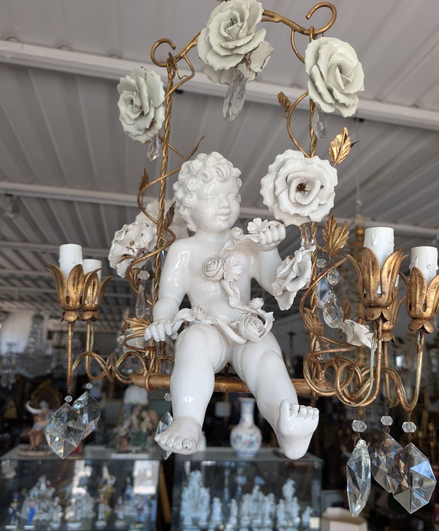 Lampadario a 6 Luci con Putto in Porcellana, Cristalli e Rose – Anni ’50-photo-8