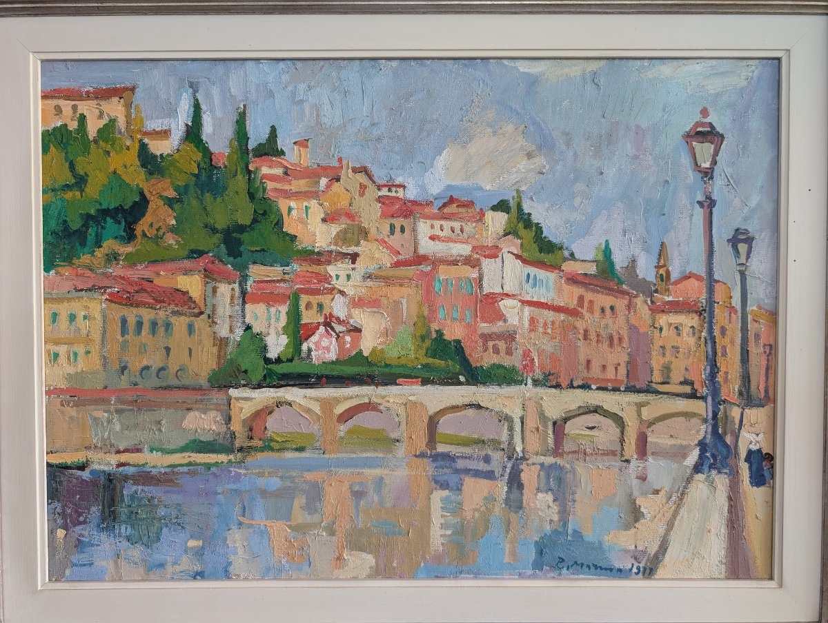 Rodolfo Marma (1903-1983) – Ponte Alle Grazie, Firenze, Olio Su Tela Datato 1977-photo-4