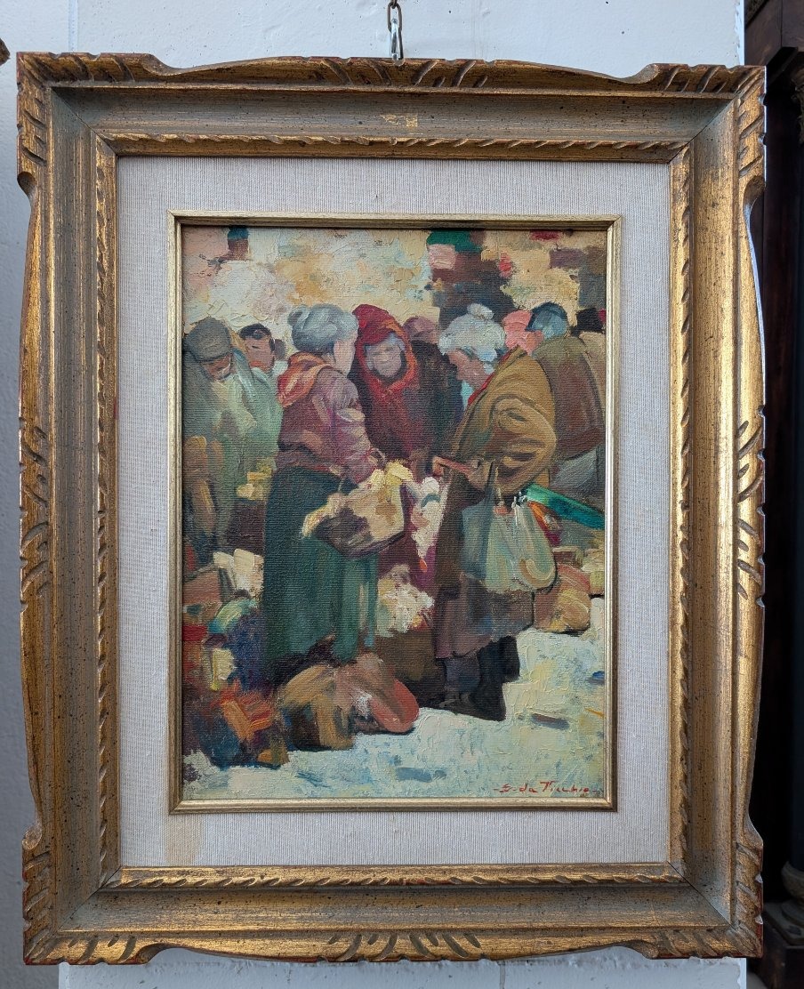 Giulio Da Vicchio (1925-2004) – "Mercato", olio su tela, cm 30x40
