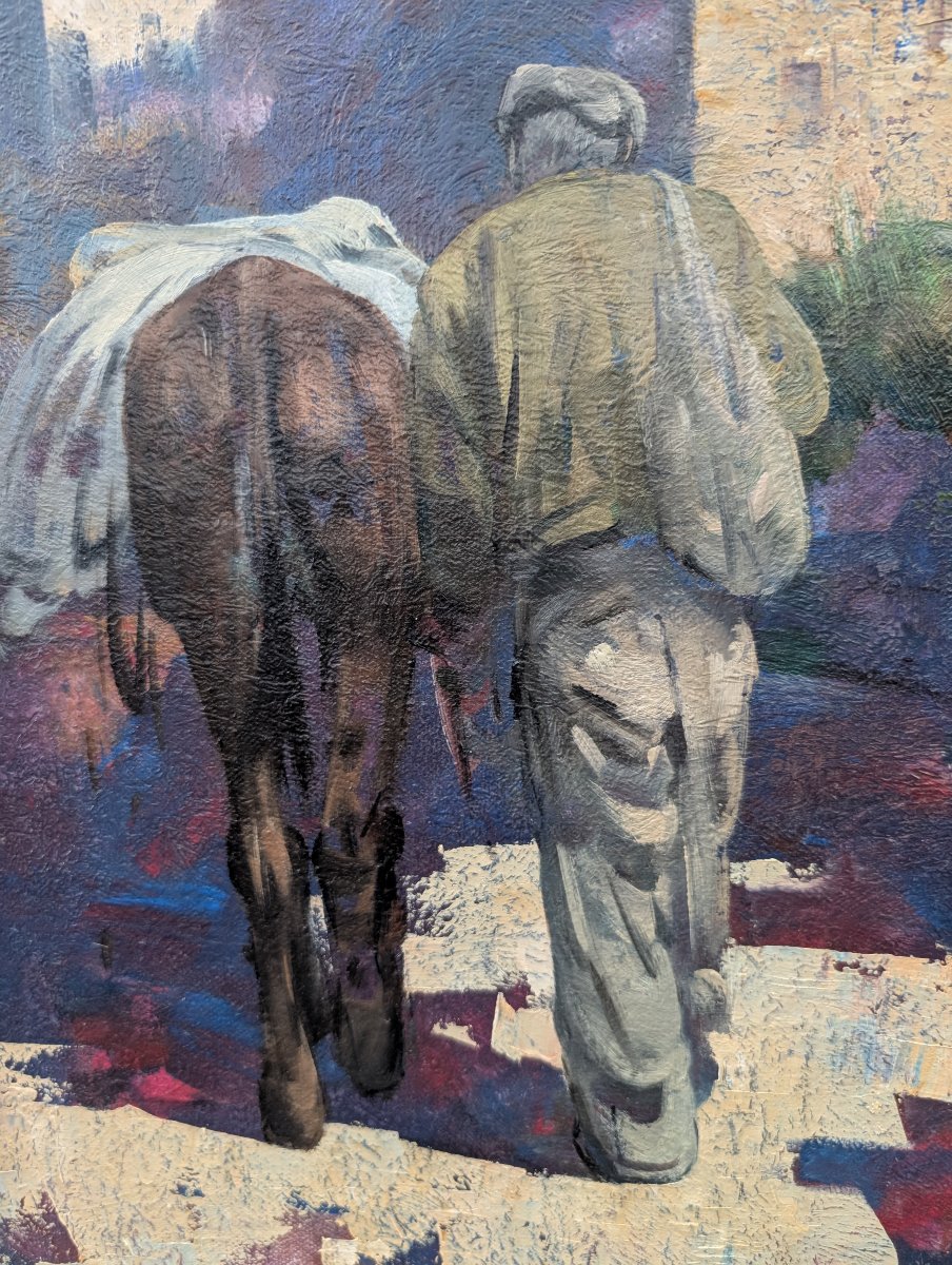 Giulio Da Vicchio – Contadino con mulo nel borgo Olio su tela-photo-2