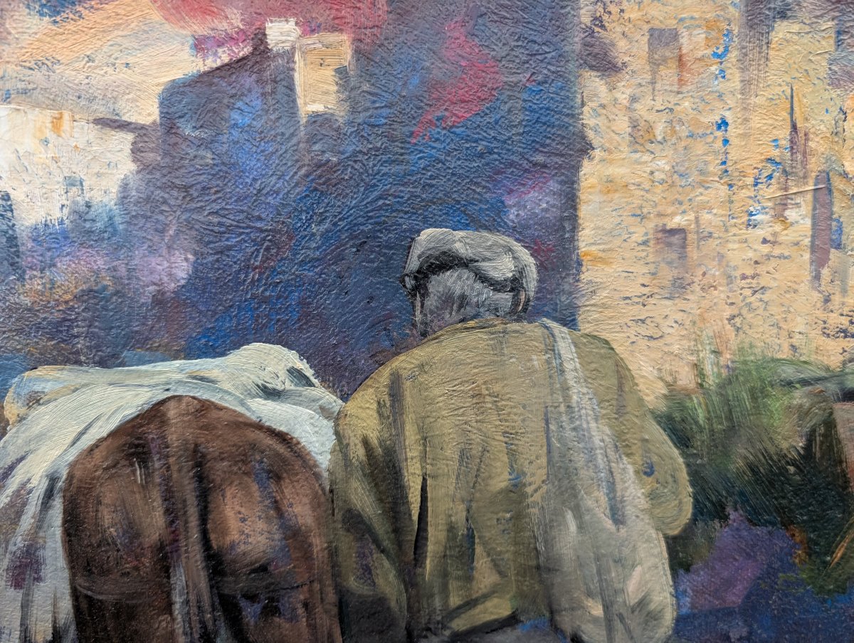 Giulio Da Vicchio – Contadino con mulo nel borgo Olio su tela-photo-3