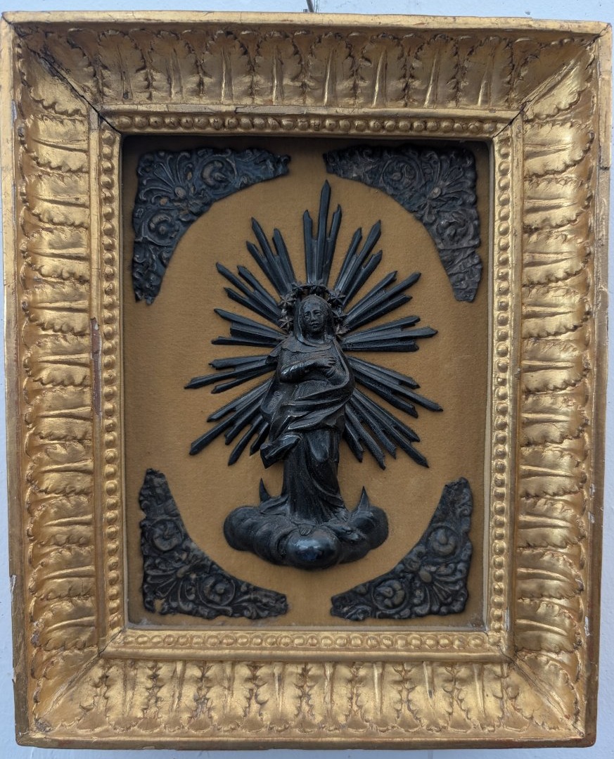 Immagine devozionale genovese in argento entro cornice lignea dorata-photo-4